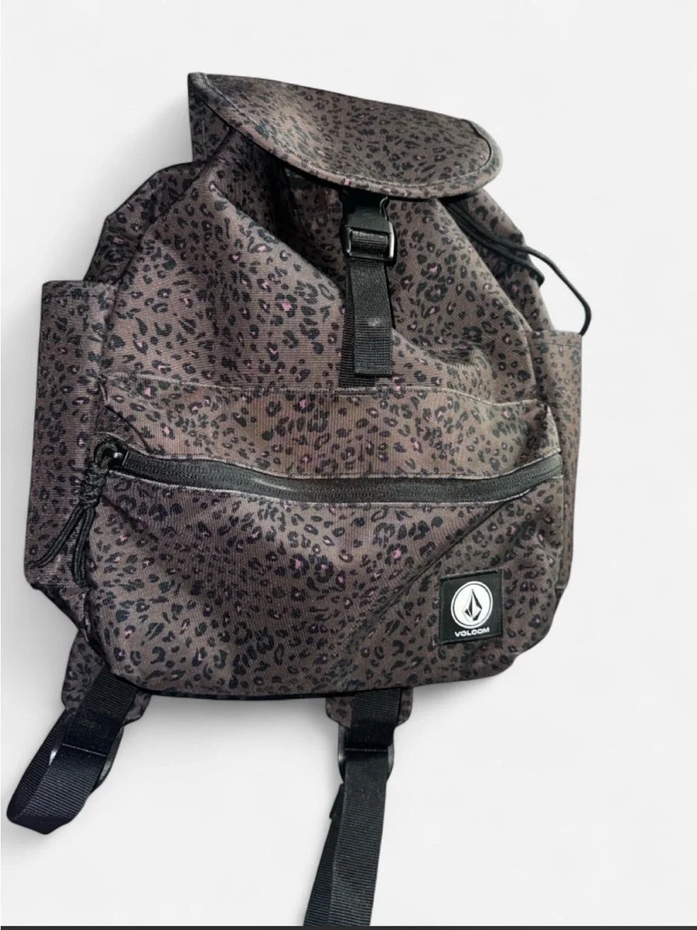 Volcom Leopard-Print Pink Backpack with Front Zip Pocket